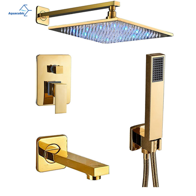 Wall Mounted Sliding Bar Bathroom Rain Shower System With 12 Inch Shower Head And Hand Held Brushed Gold Shower Set